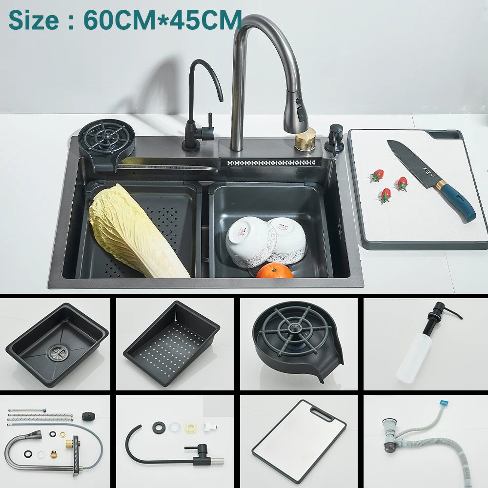 Waterfall Kitchen Sink with Digital Display, Stainless Steel