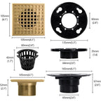 Square Gold Low-Profile Shower Drain Kit, 304 Stainless Steel with Hair Catcher for 2 or 3 Inch Pipe
