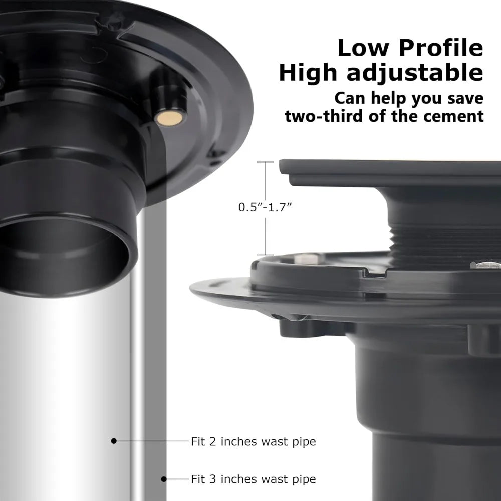 4 Inch Low-Profile Square Shower Drain Kit, Matte Black 304 Stainless Steel with ABS Flange
