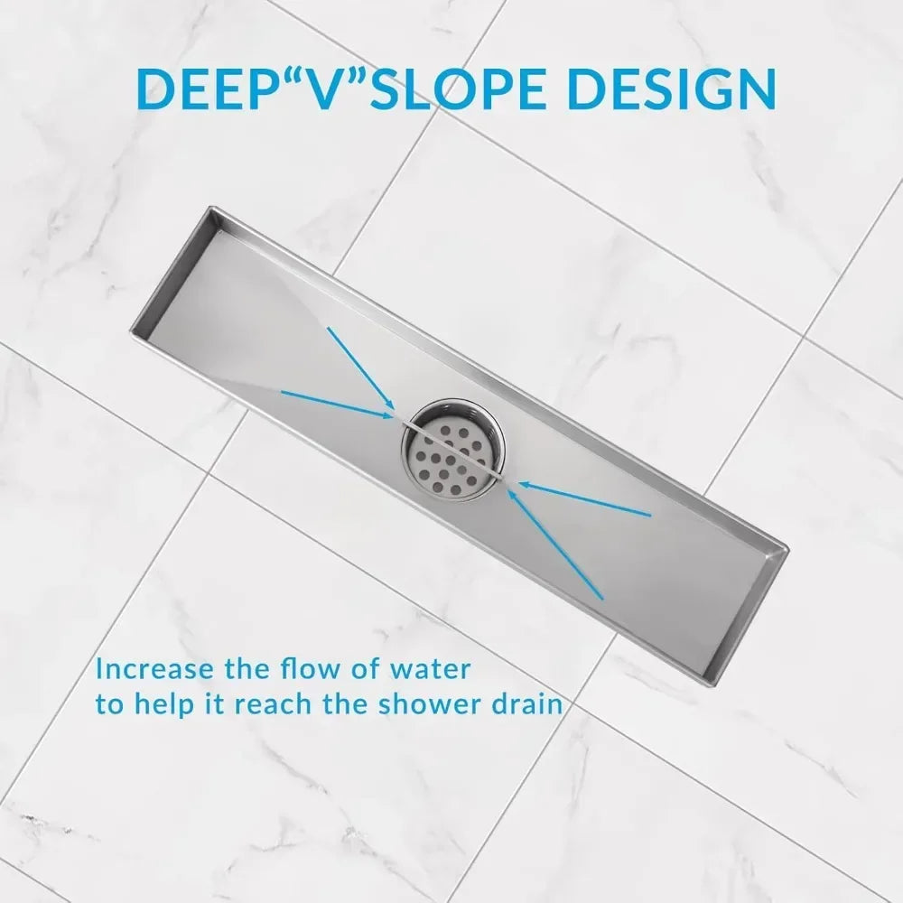 Linear Shower Drain with Removable Cover, Hair Strainer and Adjustable Leveling Feet