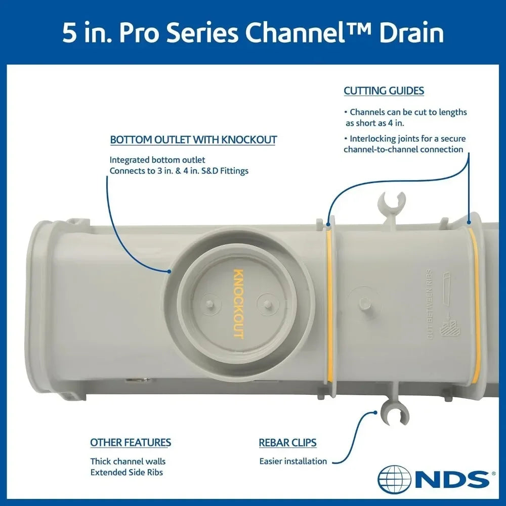 Deep Profile Channel Drain Kit 5 Inch with Galvanized Steel Grates, End Caps and Outlet, 39 In