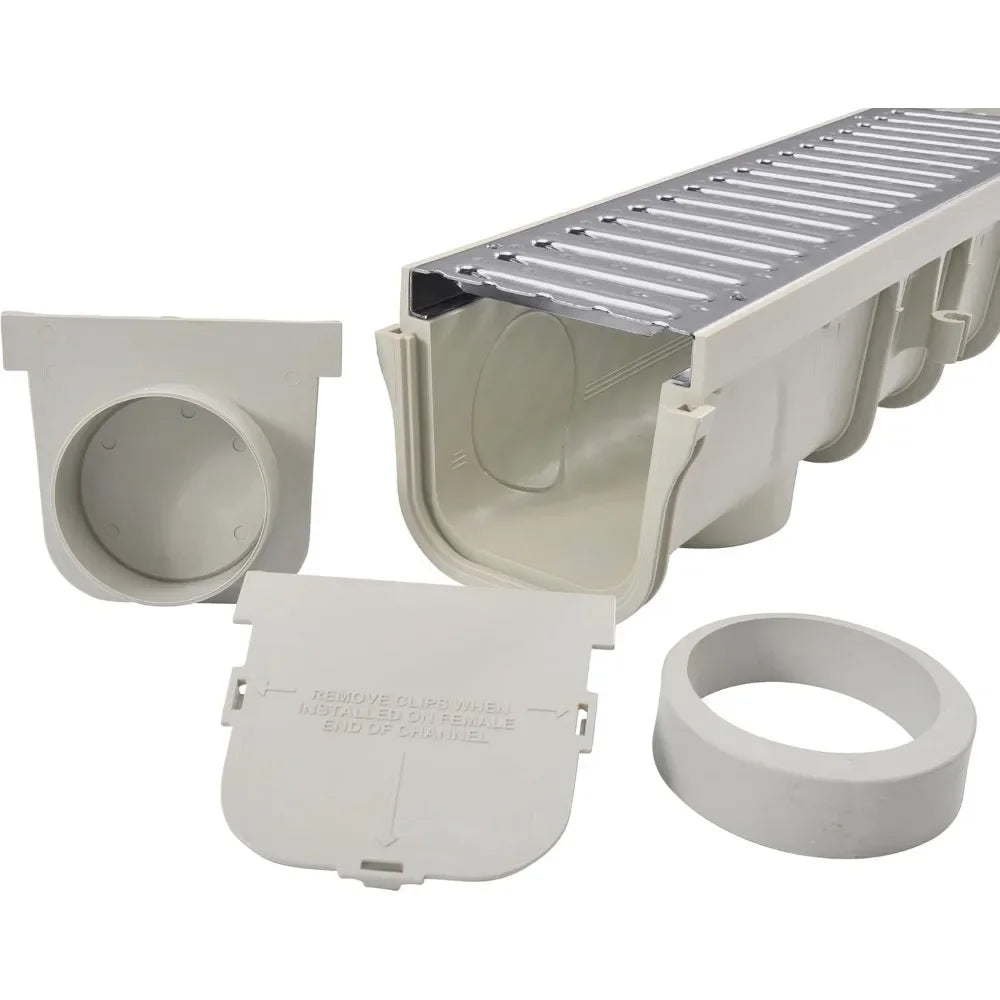 Deep Profile Channel Drain Kit 5 Inch with Galvanized Steel Grates, End Caps and Outlet, 39 In