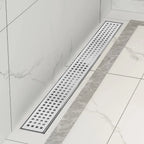 32 Inch Linear Shower Drain with Removable Grate and Adjustable Feet, Brushed Stainless