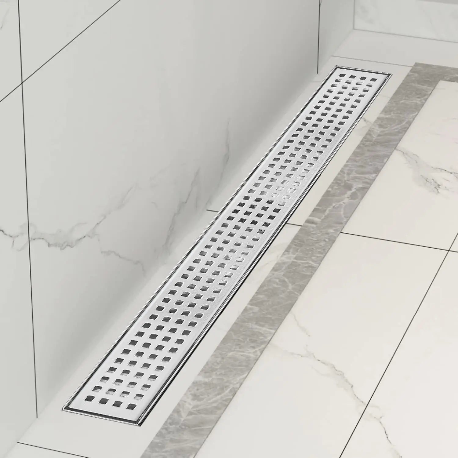 32 Inch Linear Shower Drain with Removable Grate and Adjustable Feet, Brushed Stainless