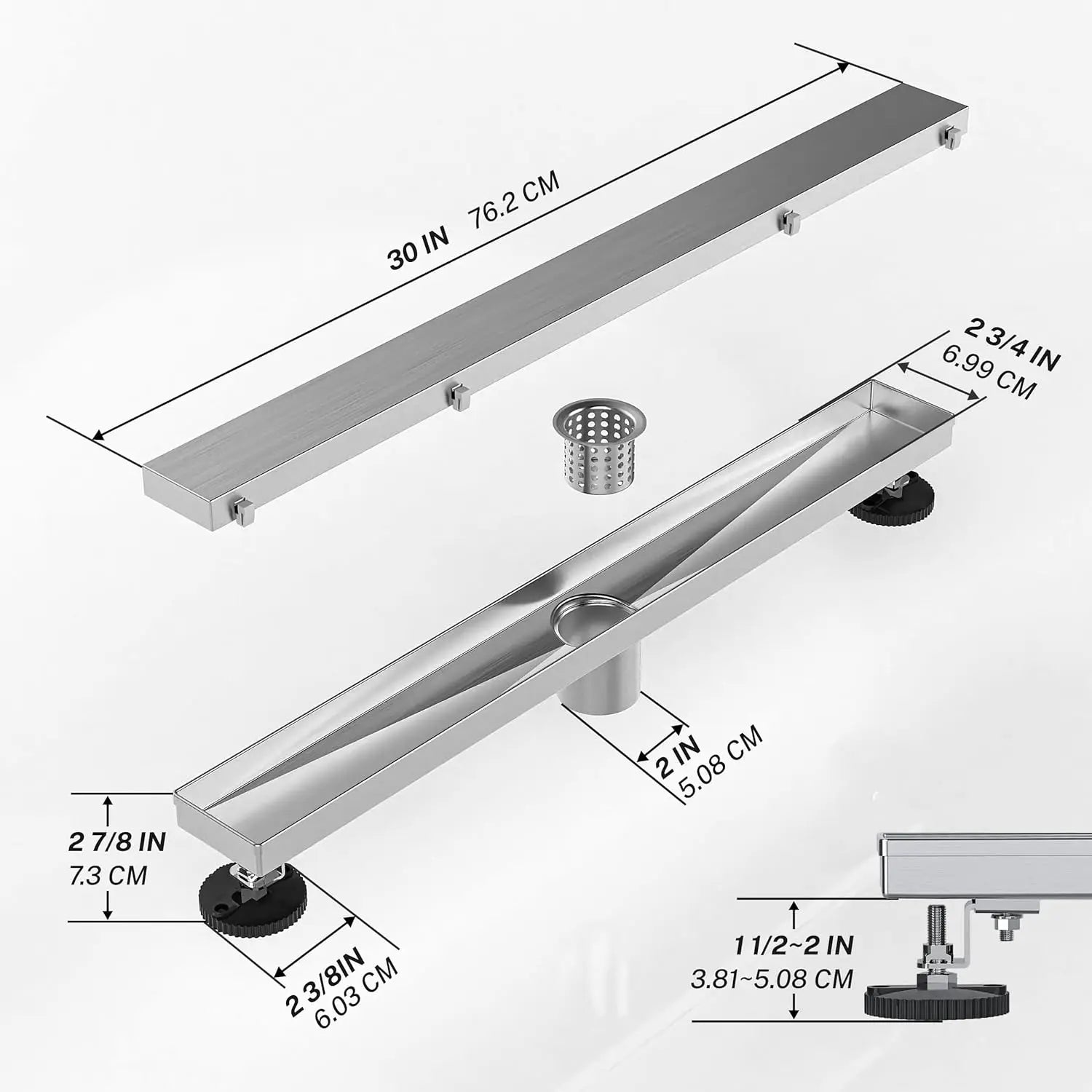 30 Inch Linear Shower Drain, Stainless Steel with Reversible Cover and Hair Strainer