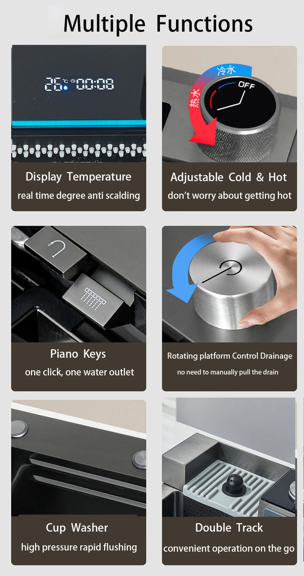 Waterfall Kitchen Sink with Digital Display, Stainless Steel