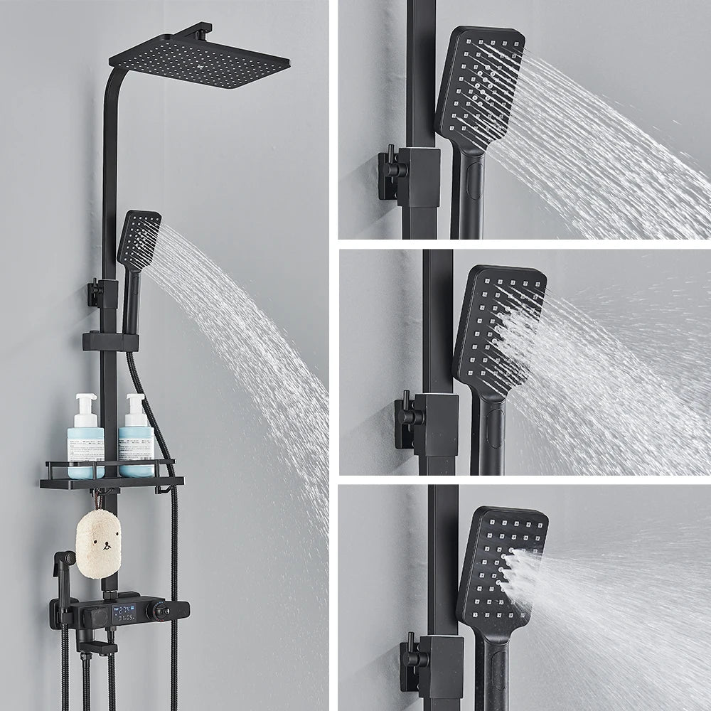 4-Way Thermostatic Shower Faucet with Digital Display and Shelf