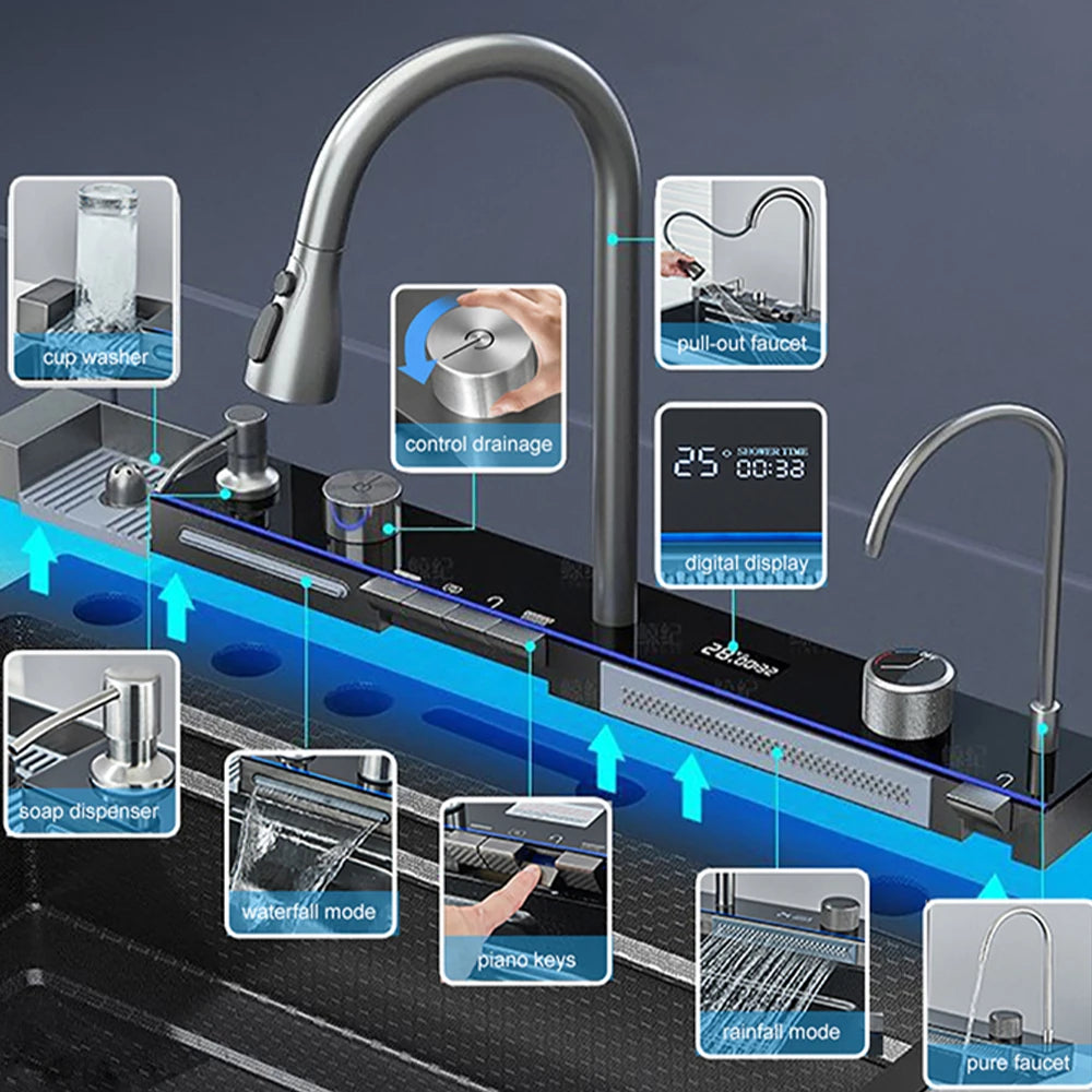 Waterfall Kitchen Sink with Digital Display, Stainless Steel
