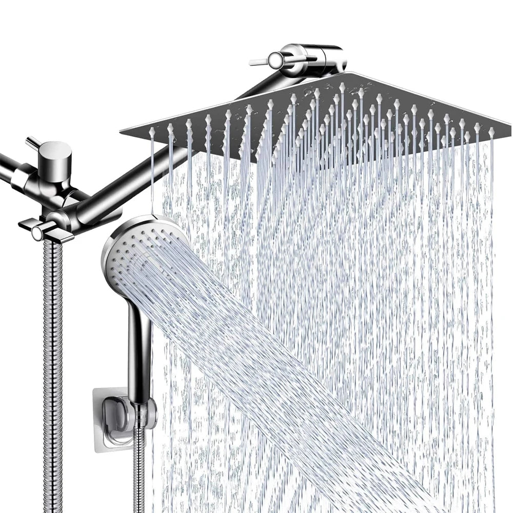 Rain Shower Head Combo 8–12 Inch with Adjustable Extension Arm and 3-Way Handheld Spray