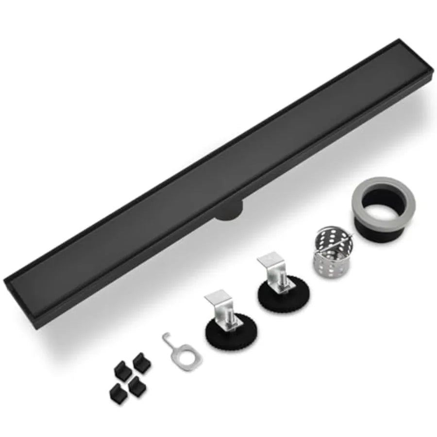 12 Inch Linear Shower Drain, Matte Black with Tile Insert Panels and Hair Strainer