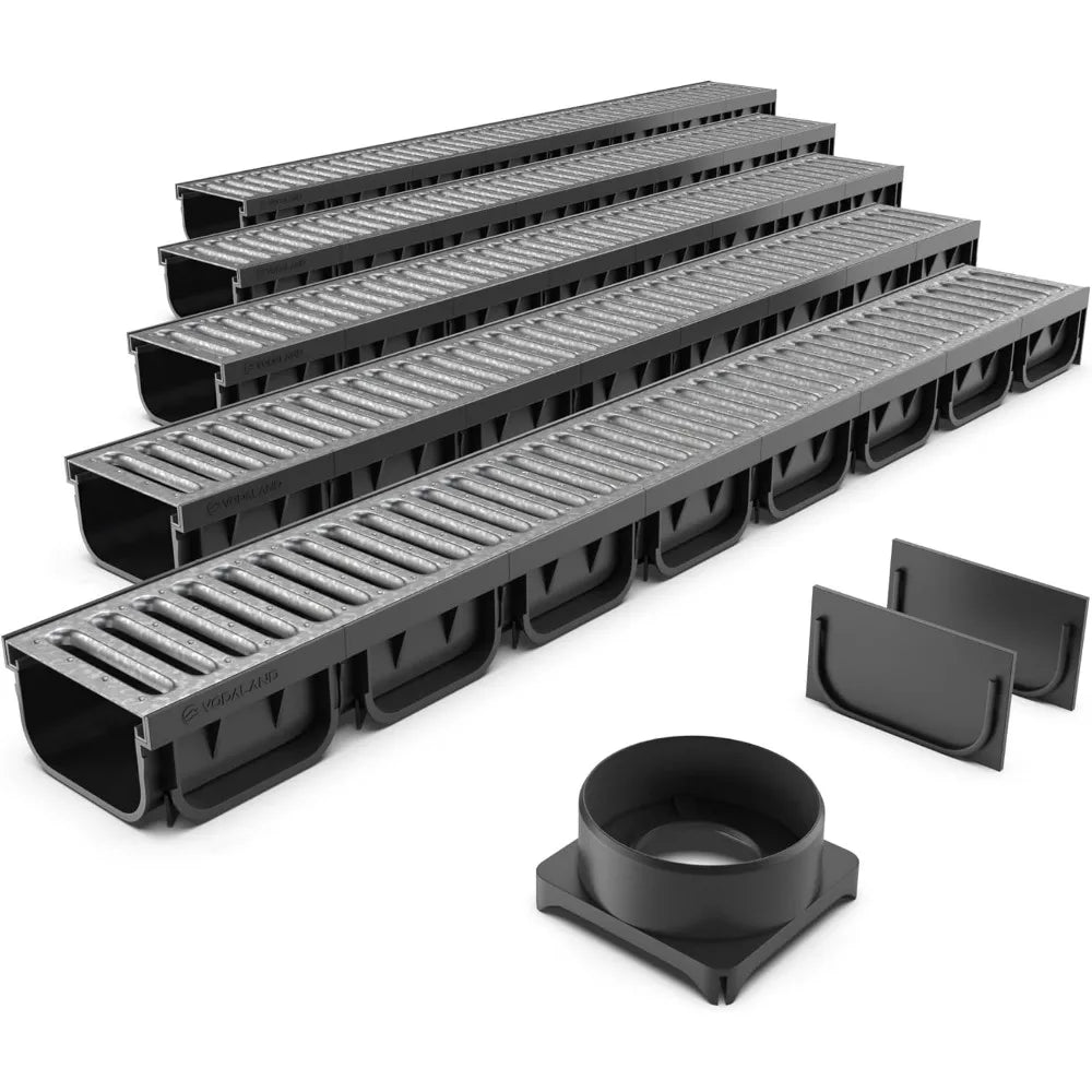 4 Inch Trench Drain Channel 39.4 In Sections with Galvanized Steel Grating, Set of 5