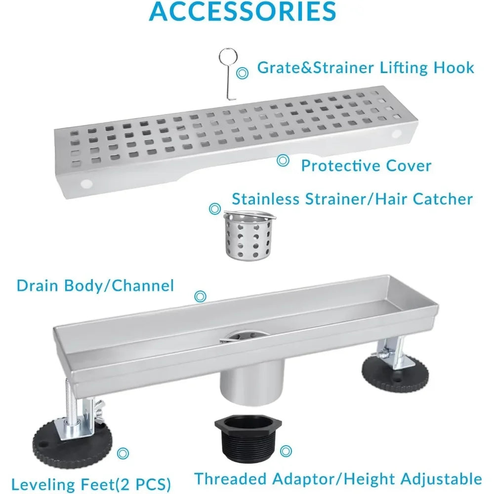 Linear Shower Drain with Removable Cover, Hair Strainer and Adjustable Leveling Feet