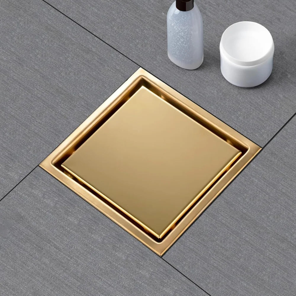 6 Inch Square Shower Drain, Brushed Gold 304 Stainless Steel with Flange