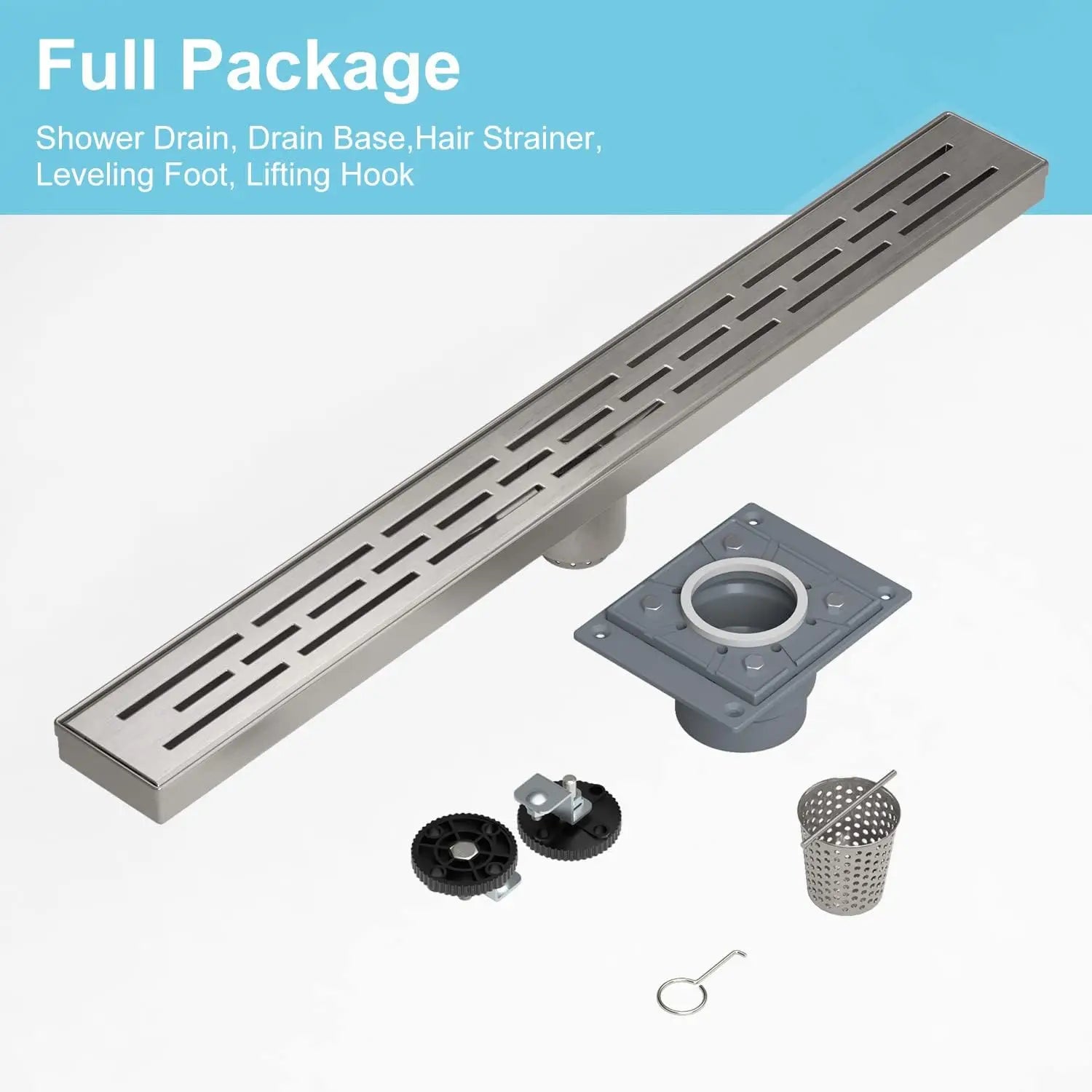 28 Inch Linear Shower Drain with Base, cUPC Certified 304 Stainless Steel with Removable Cover and Hair Strainer
