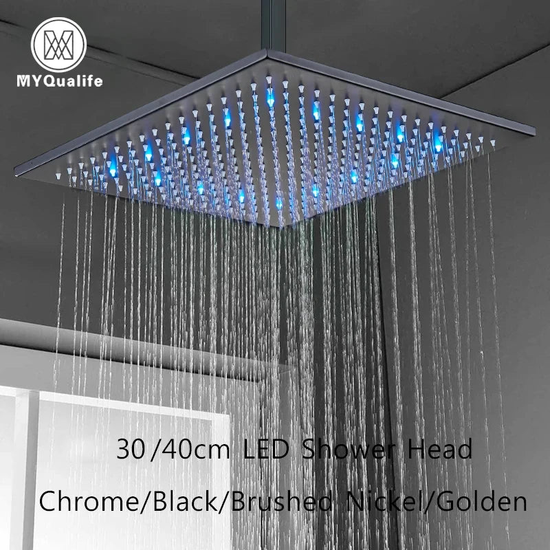 12 or 16 Inch Rainfall Shower Head with LED Color-Change Light, Solid Brass Square