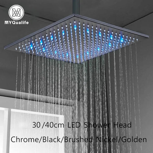 12 or 16 Inch Rainfall Shower Head with LED Color-Change Light, Solid Brass Square