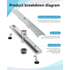 24 Inch Linear Shower Drain, Brushed Nickel Capsule Pattern Grate with Hair Strainer