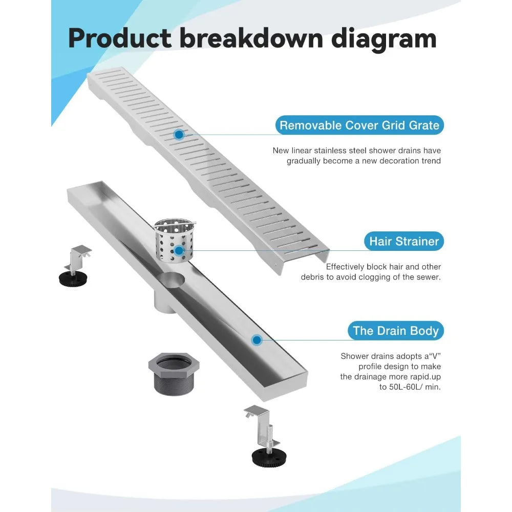 24 Inch Linear Shower Drain, Brushed Nickel Capsule Pattern Grate with Hair Strainer