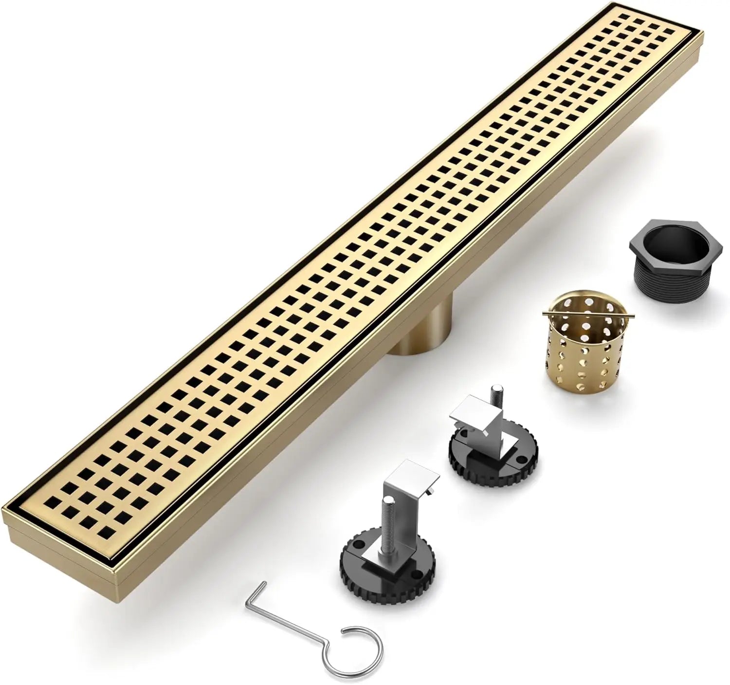 32 Inch Linear Shower Drain, Brushed Gold 304 Stainless Steel with Adjustable Feet and Hair Strainer