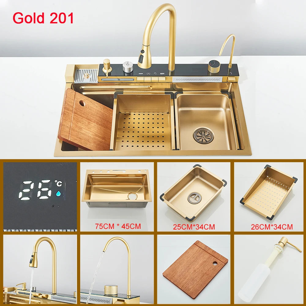 Waterfall Kitchen Sink with Digital Display, Stainless Steel