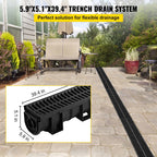 HDPE Trench Drain System 6x39 Inch with 6 End Caps, Black for Driveway and Garden