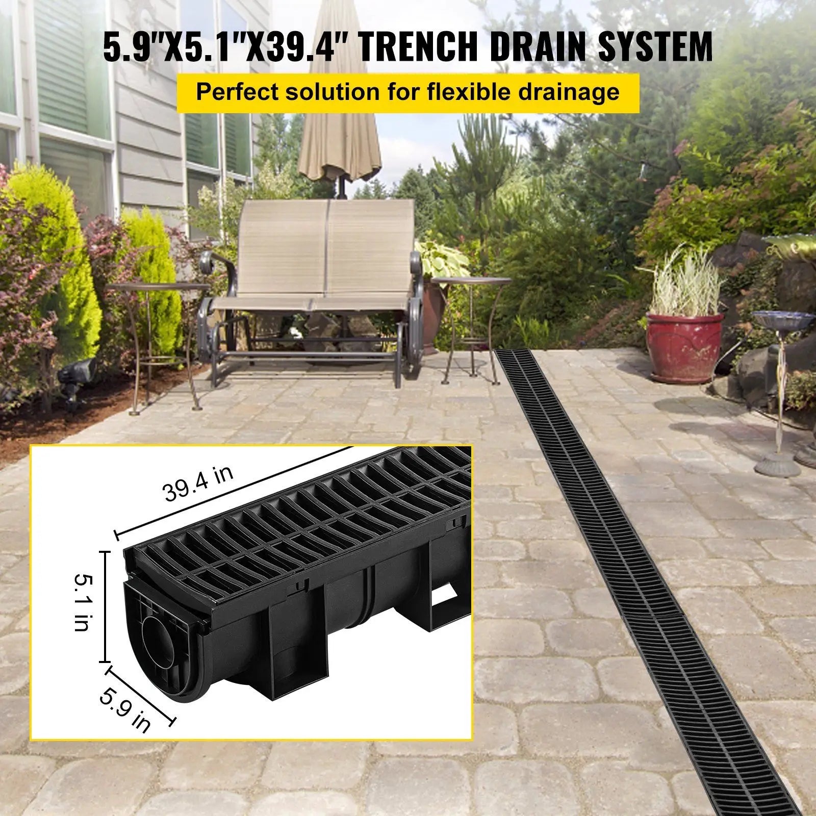 HDPE Trench Drain System 6x39 Inch with 6 End Caps, Black for Driveway and Garden