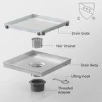 8 Inch Square Shower Drain with Removable Tile Insert Grate, Brushed Stainless Steel and Hair Strainer