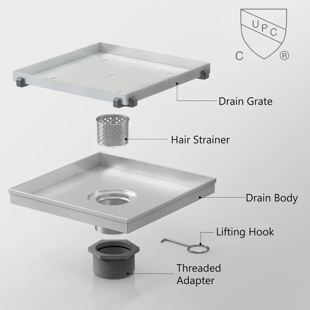 8 Inch Square Shower Drain with Removable Tile Insert Grate, Brushed Stainless Steel and Hair Strainer