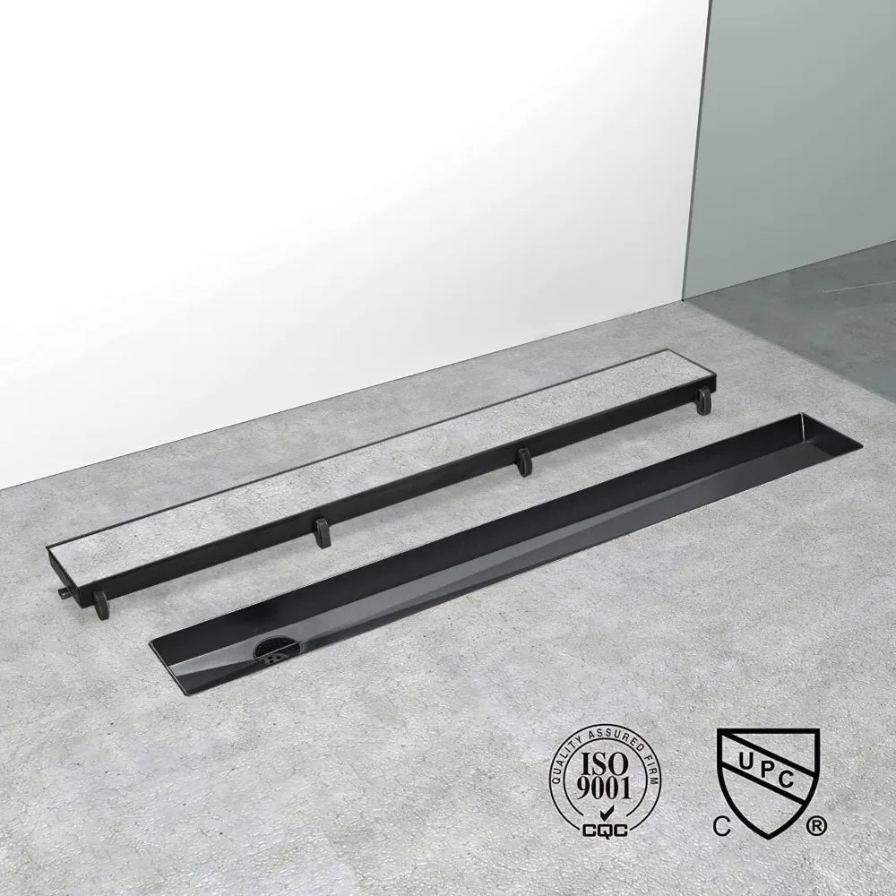 36 Inch Linear Shower Drain, Matte Black Side Outlet with Tile Insert and Hair Strainer