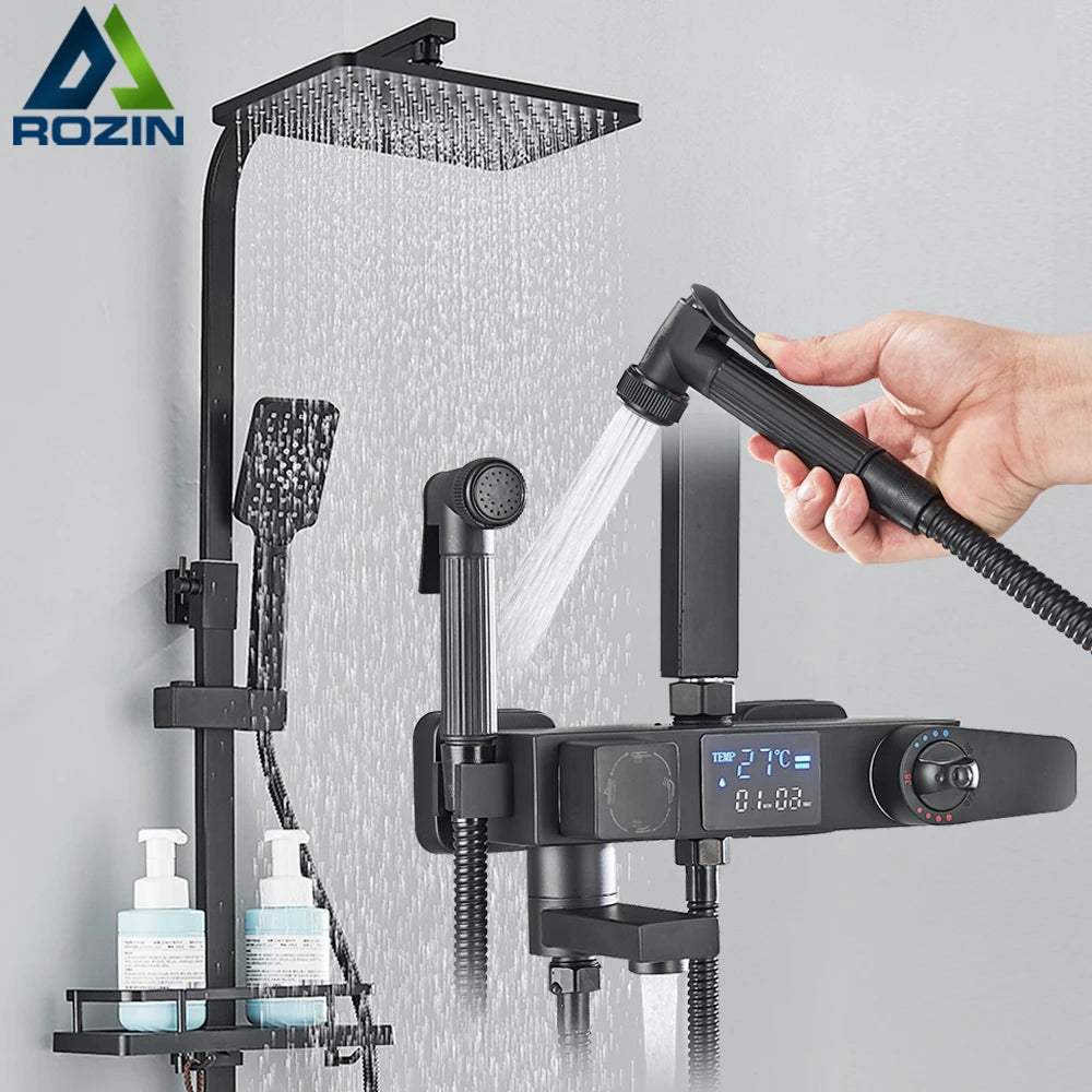 4-Way Thermostatic Shower Faucet with Digital Display and Shelf