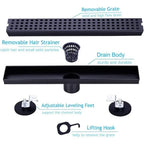 16 Inch Linear Shower Drain, Matte Black with Removable Grid, Adjustable Feet and Hair Strainer
