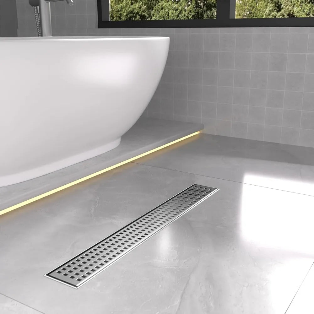 24 Inch Linear Shower Drain, Brushed Nickel Removable Grate and Adjustable Feet for Bathroom and Balcony