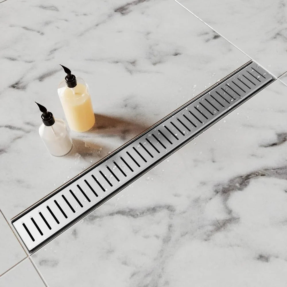 24 Inch Linear Shower Drain, Brushed Nickel Capsule Pattern Grate with Hair Strainer