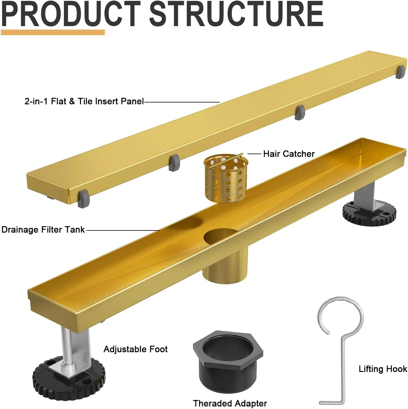60 Inch Linear Shower Drain with Adjustable Feet, Hair Catcher and Tile Insert Panels