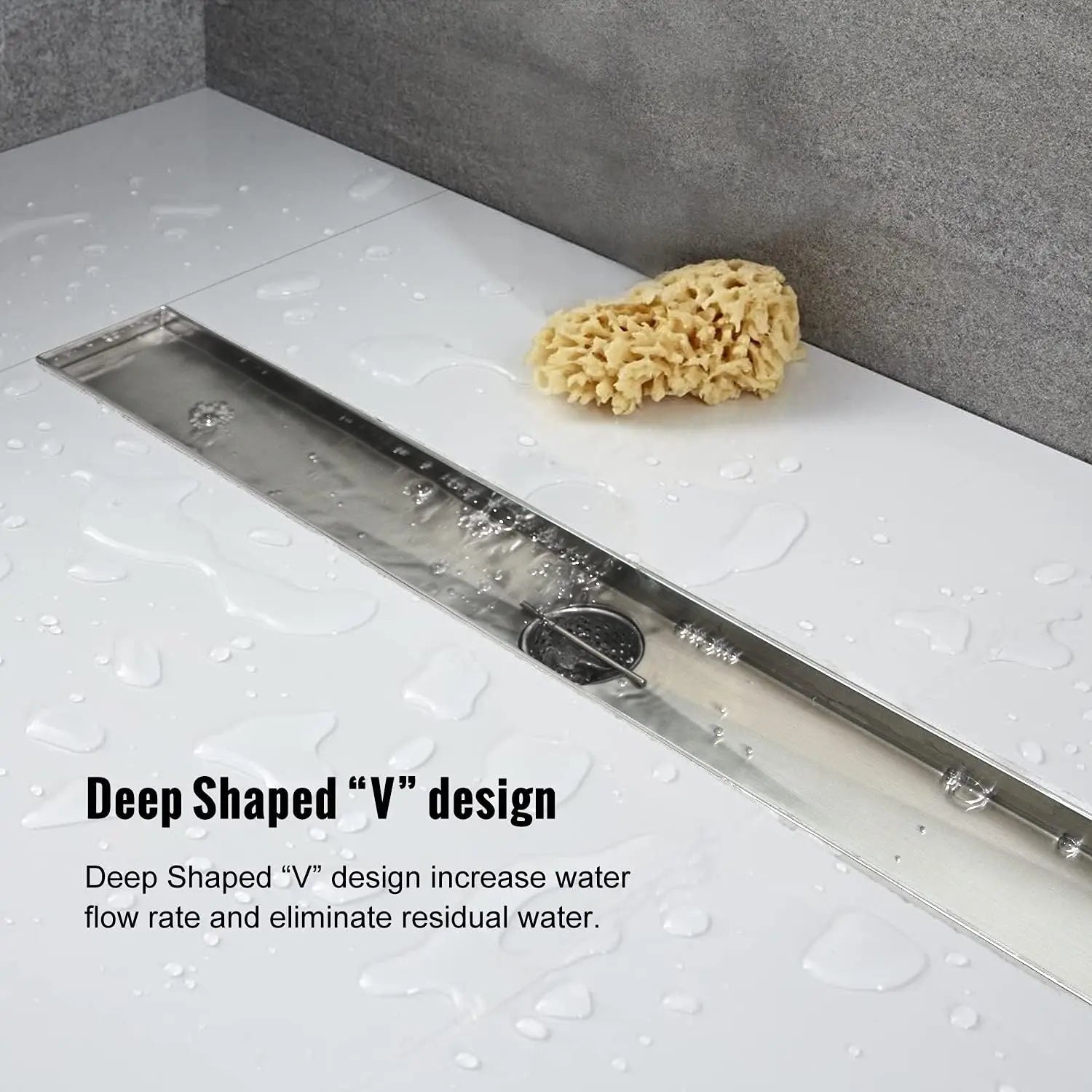 32 Inch Linear Shower Drain with Removable Grate and Adjustable Feet, Brushed Stainless