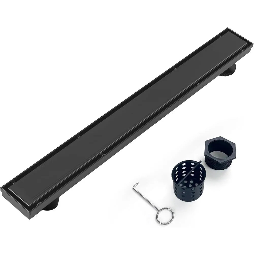 36 Inch Linear Shower Drain, Matte Black Side Outlet with Tile Insert and Hair Strainer