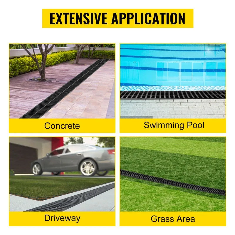 HDPE Trench Drain System 6x39 Inch with 6 End Caps, Black for Driveway and Garden