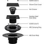 4 Inch Low-Profile Square Shower Drain Kit, Matte Black 304 Stainless Steel with ABS Flange