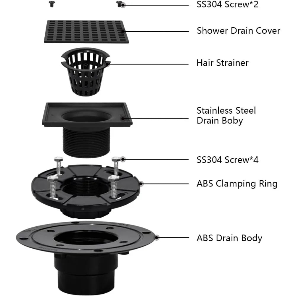 4 Inch Low-Profile Square Shower Drain Kit, Matte Black 304 Stainless Steel with ABS Flange