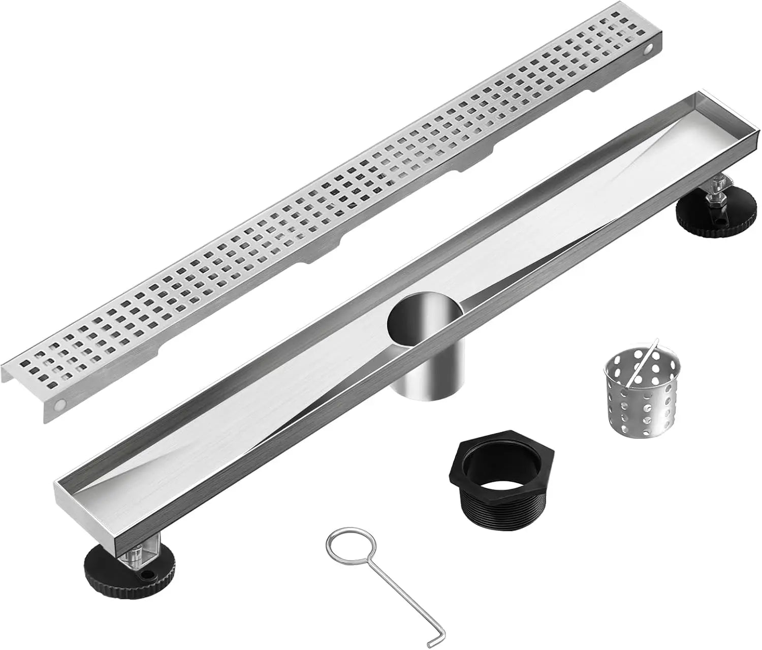 32 Inch Linear Shower Drain with Removable Grate and Adjustable Feet, Brushed Stainless