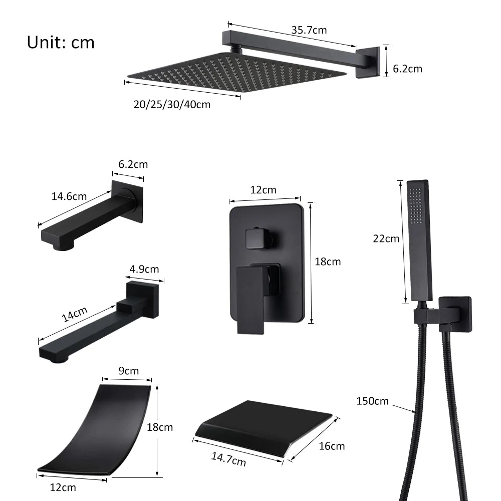 Concealed Rain and Waterfall Shower System with Tub Spout