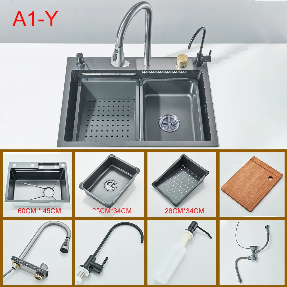 Waterfall Kitchen Sink with Digital Display, Stainless Steel