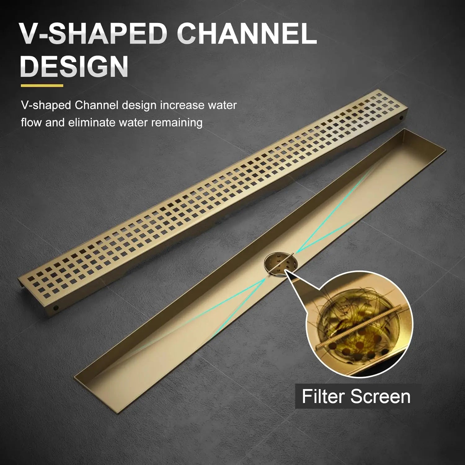 32 Inch Linear Shower Drain, Brushed Gold 304 Stainless Steel with Adjustable Feet and Hair Strainer