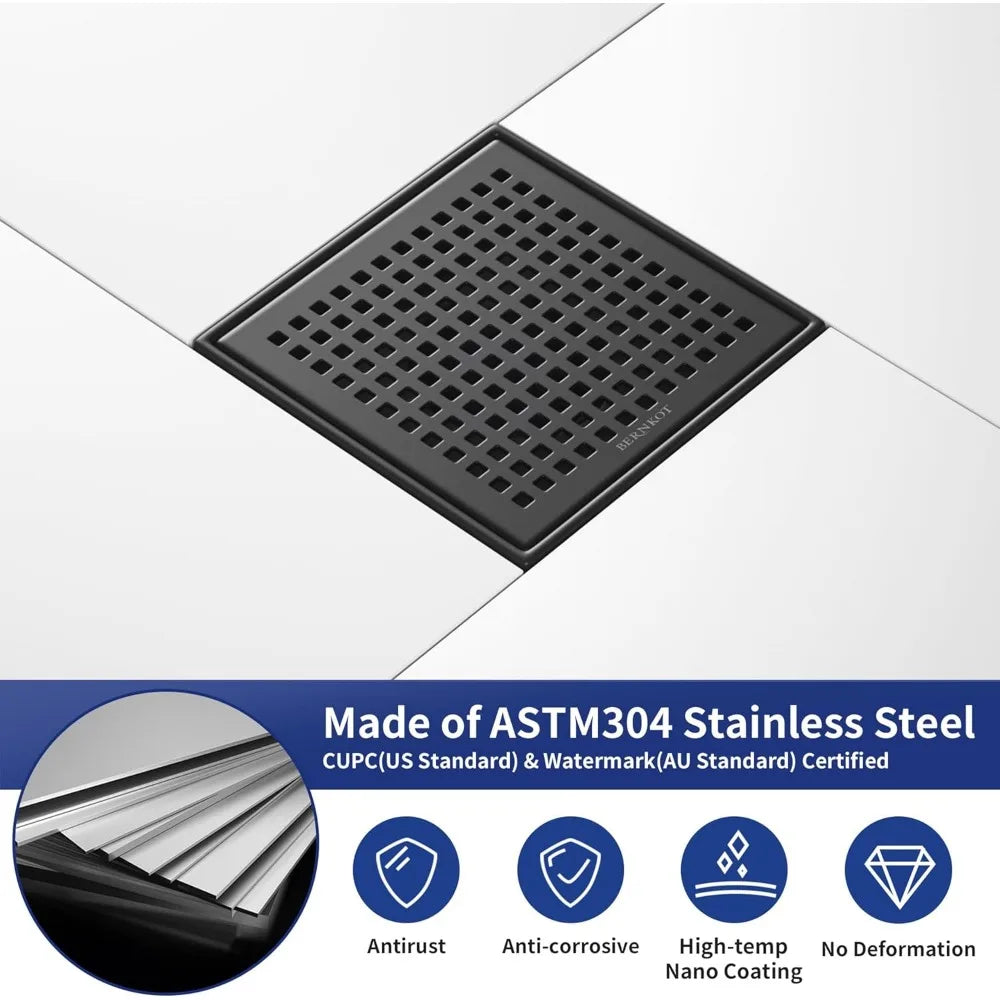 6 Inch Square Shower Drain, Matte Black with Grid Cover and Hair Strainer, cUPC Certified