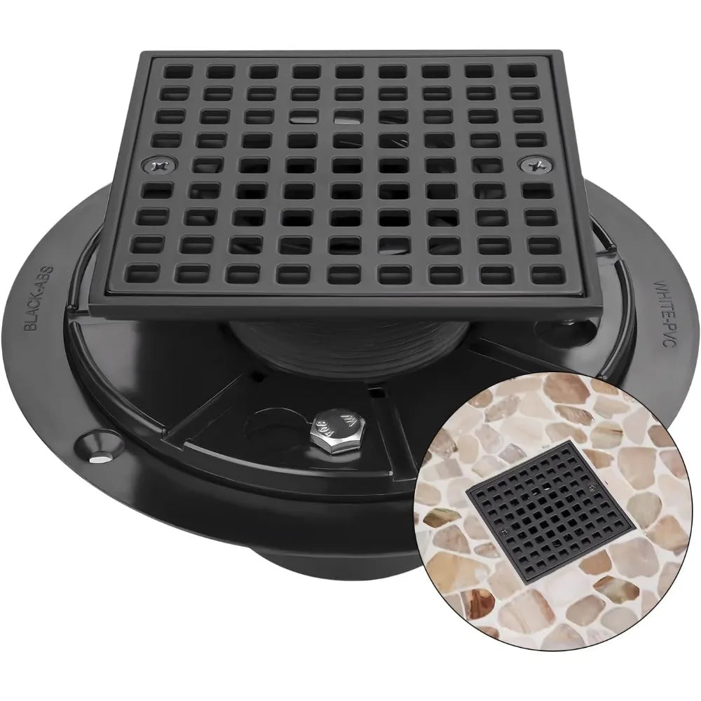 4 Inch Low-Profile Square Shower Drain Kit, Matte Black 304 Stainless Steel with ABS Flange