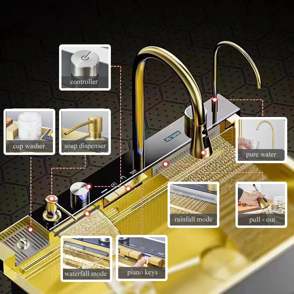 Waterfall Kitchen Sink with Digital Display, Stainless Steel