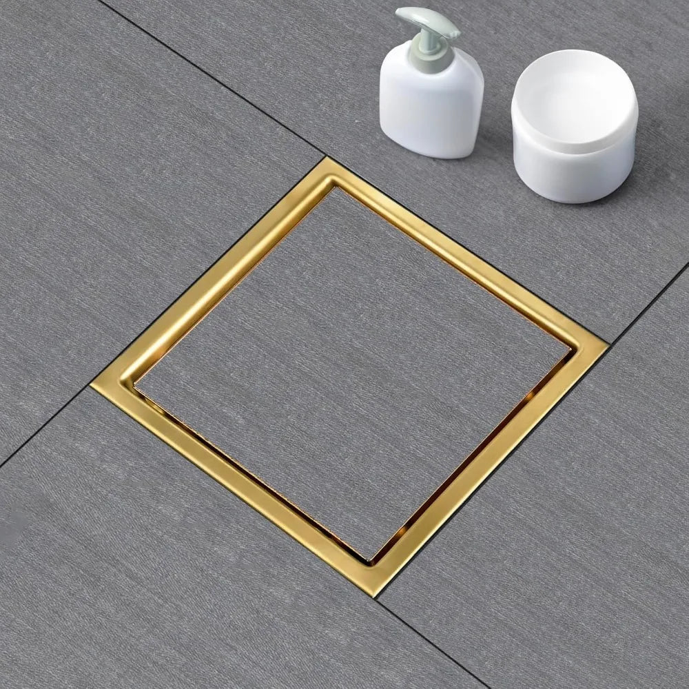 6 Inch Square Shower Drain, Brushed Gold 304 Stainless Steel with Flange