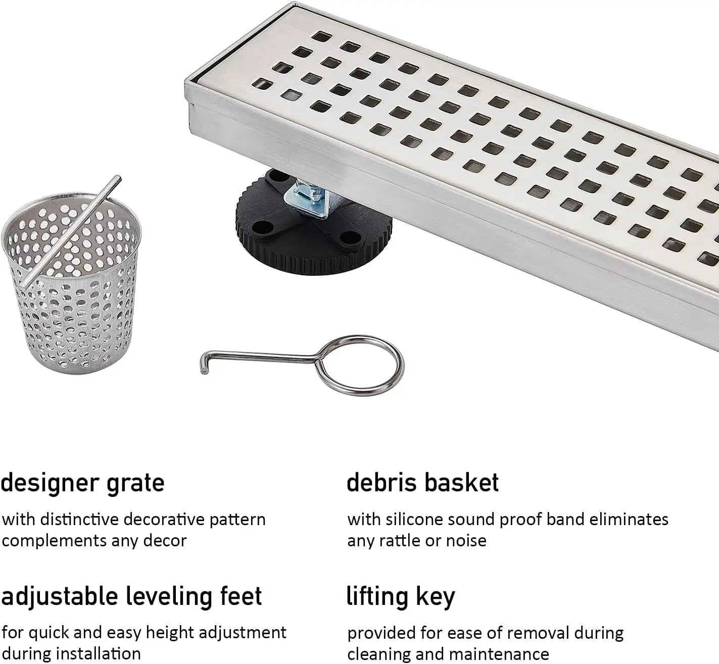 24 Inch Linear Shower Drain, Brushed Nickel Stainless Steel with Hair Catcher