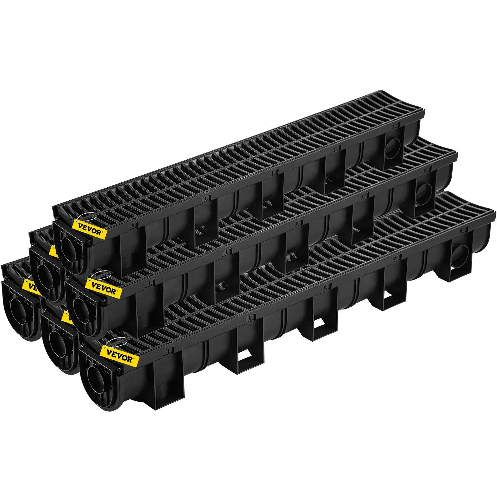 HDPE Trench Drain System 6x39 Inch with 6 End Caps, Black for Driveway and Garden