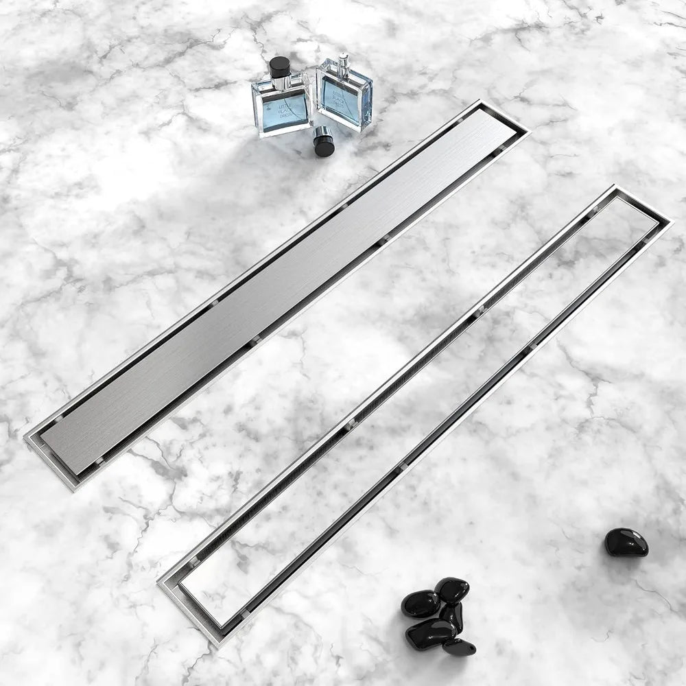 24 Inch Linear Shower Drain, Brushed Nickel Tile Insert Grate 304 Stainless Steel with Adjustable Feet